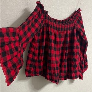 Altar'd State Red and Black Off the Shoulder Bell Sleeve Top